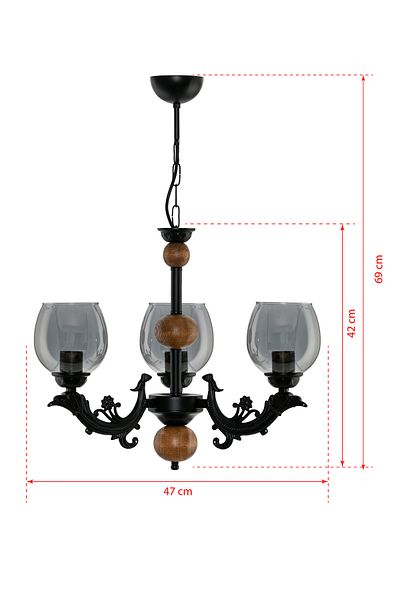 DEDE THREE-ARMED WOODEN BLACK SAVA ZAMAK CHANDELIER WITH SMOKED GLASS