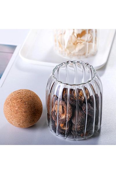 Senin Dükkanın 3 Pieces Ball Mushroom Lid Striped Glass Jar and Spice Bowl Set 1200 Ml