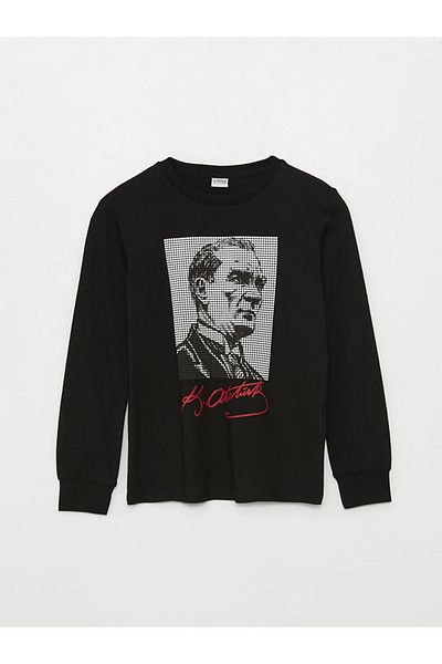 LC Waikiki Tricou pentru băieți, cu mânecă lungă, cu imprimeu Ataturk, cu decolteu rotund pentru copii