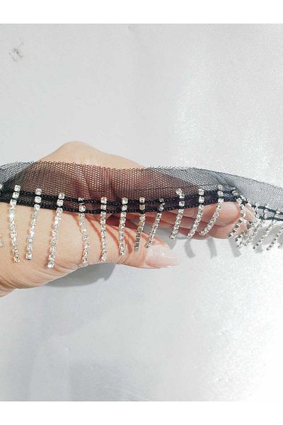 ESRA ŞELEM Crystal Stoned Black Tulle Decorative Ribbon Fringe Ribbon