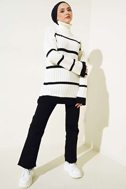 benguen 7024 Striped Turtleneck Knitwear Tunic Ecru