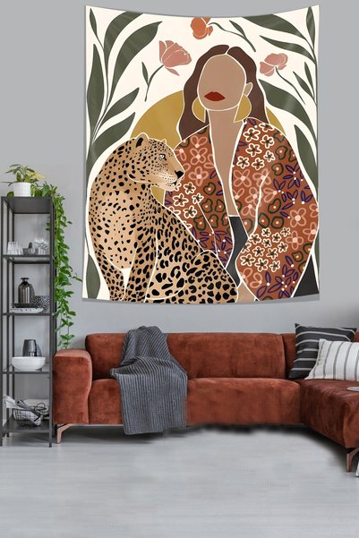 Latibule Nordic Boem Leopard și Fată Art Desen Pânză rezistentă la pete Husă ...