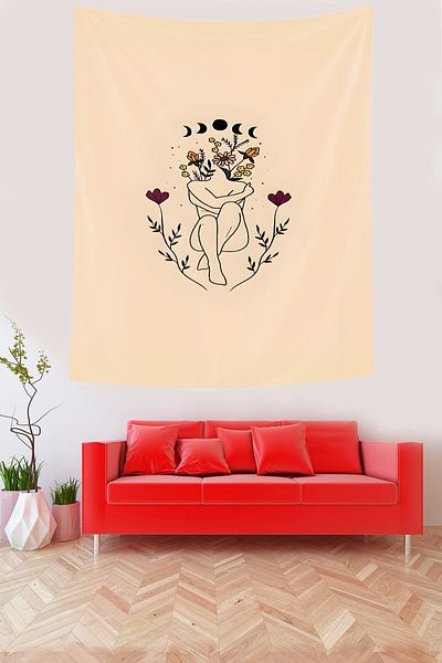 Latibule Blooming Girl Phases of the Moon Line Art Stain Resistant Fabric Wall Cloth Wall Tapestry Tapestry