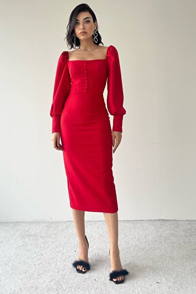 lovebox Atlas Fabric Square Collar Button Detailed Sleeve Cuffed Slit Design Red Midi Evening Dress 177