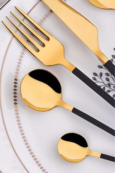 Taç Morena 36 Piece Black - Gold Fork Spoon Knife Set