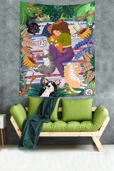 Latibule Happy Animal Lover Girl Themed Stain Resistant Fabric Wall Cloth Wal...