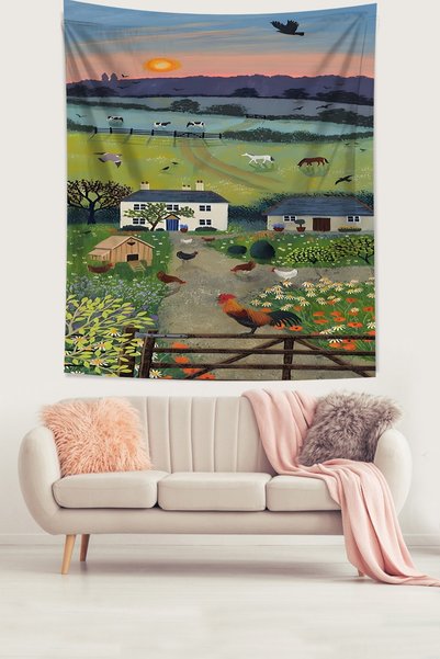 Latibule Sunset and Village Houses Stain Resistant Fabric Wall Cover Wall Car...