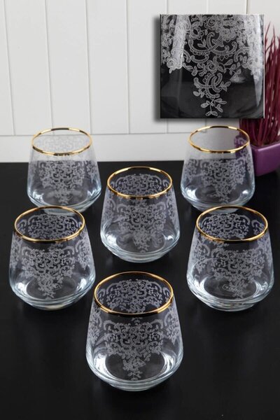 P H Panayır Home Lüx Dantel Altın Yaldızlı Su Bardağı Takımı 6 Kişilik