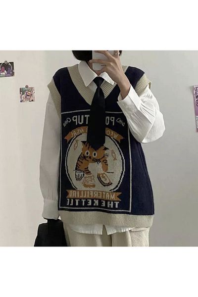EYO Pulovere oversize cu decolteu în V Oldschool College Pouritup