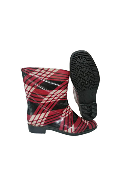 Gülsoy Kırmızı Kareli Kadın Ultra Hafif Kaymaz Taban Yağmur Çizmesi