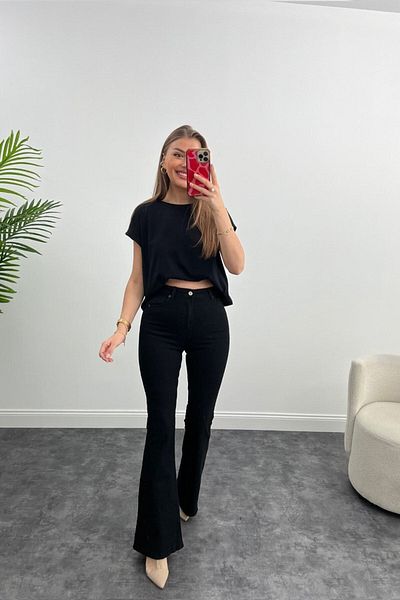 ByCukurovaFrango Monera Lara Women's Black Wide Leg Lycra Denim Jean Trousers (Full Fit)