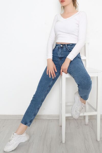 LİMABEL Yüksek Bel Likralı Mavi Mom Esnek Kot Pantolon