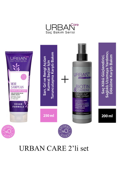 Urban Care Biotin & Kafein Sprey Tonik 200 Ml + Turunculaşma Karşıtı Mor Saç Bakım Şampuanı-250 ML