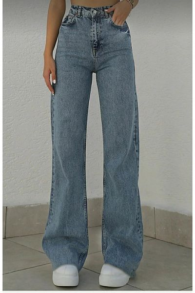 ByCukurovaFrango Morena Gold Lycra Pantaloni largi de damă, albastru zăpadă mediu, talie super înaltă, blugi largi, denim