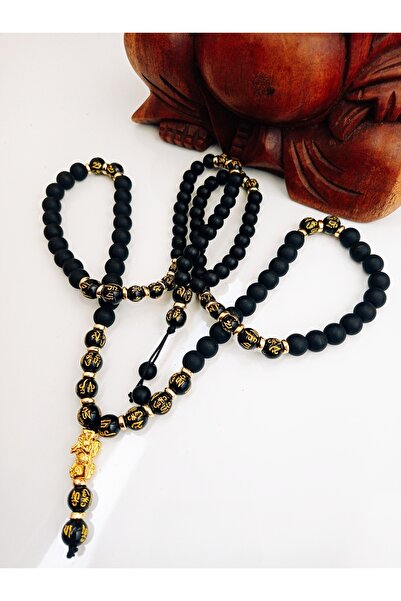 PİRAMİGO Pixiu 108'li Mala Siyah Feng Shui Ejderha Altın Kaplama Unisex Mantra