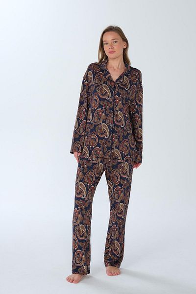 Feyza Women's Large Size Long Sleeve Shirt Collar Navy Pajamas Set C4T9N3O6