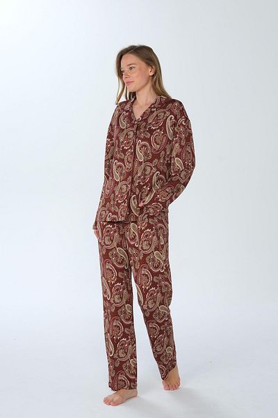 Feyza Women's Large Size Long Sleeve Shirt Collar Claret Red Pajamas Set C4T9N3O6