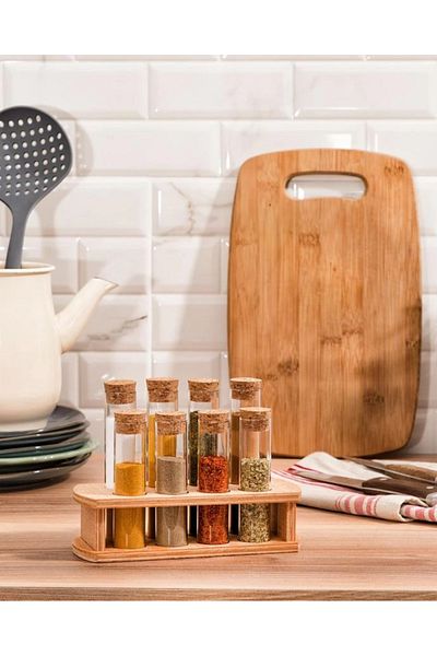 devigo 8-Piece Glass Spice Tube Set - Spice Rack Set with Wooden Shelf