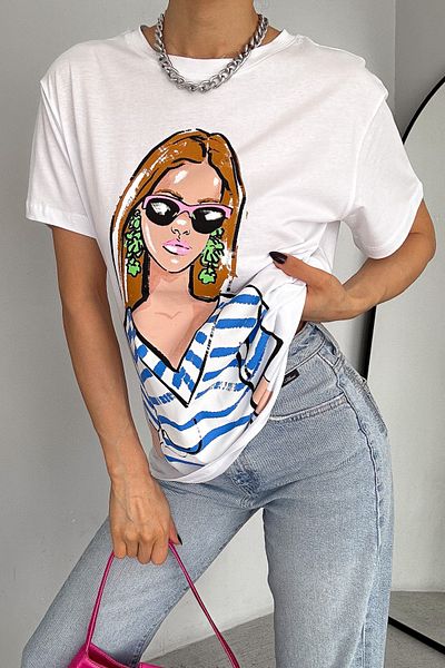 FEMELLE Women's White Printed Cotton T-Shirt