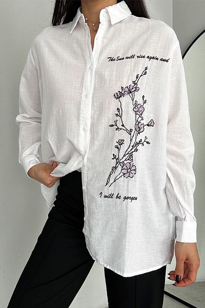 FEMELLE Women's White Embroidered Wide Fit Oversize Cotton Shirt