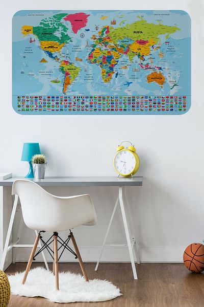 Doğal Tercih World Map Educational Country Flag Turkish Map Children's Room Teenager's Room Wall Sticker 3865B