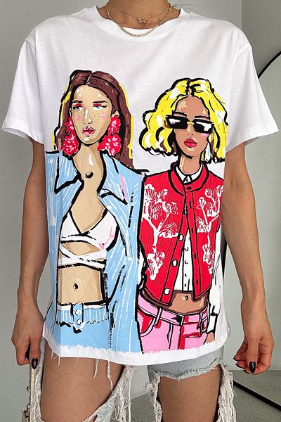 FEMELLE Tricou alb din bumbac imprimat pentru femei