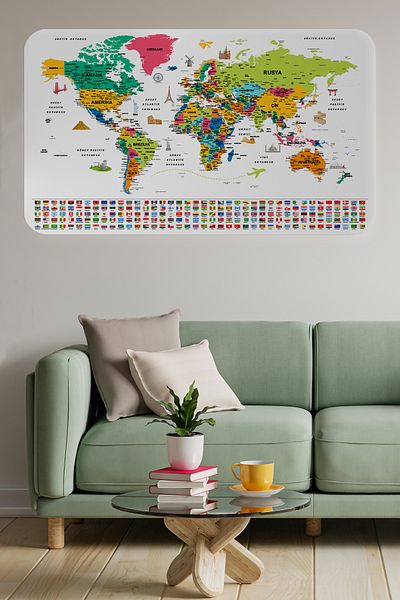 Doğal Tercih Turkish Country Flag Educational Capital Detailed Atlas World Map Wall Sticker 3841