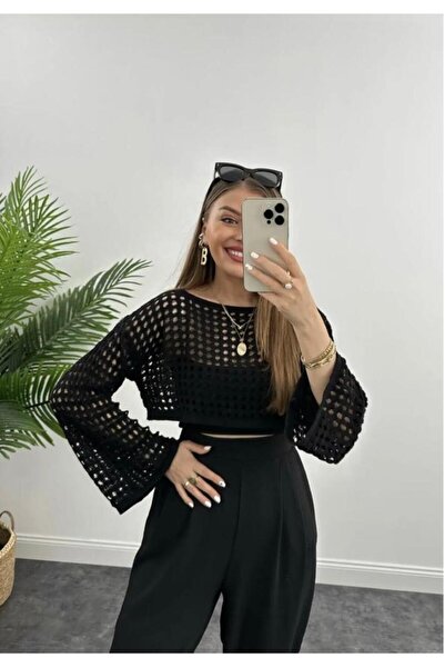 Azra Moda Style tricotaj cu aspect dantelat Crop din material subțire Pulover...