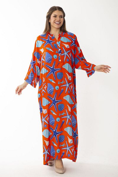 Şans Women's Large Size Red Woven Viscose Fabric Front Buttoned Long Sleeve Dress 65N37091