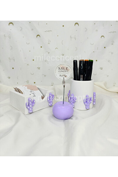 MİLE CONCEPT Masaüstü 3d Kaktüs Desenli Beton Ofis Seti Lila