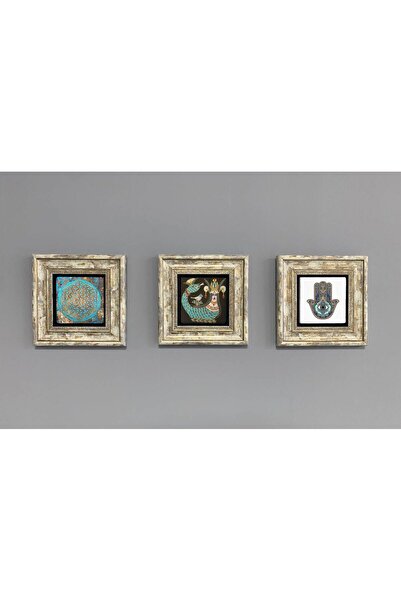 FİNS STONE DECOR Çerçeveli Taş Duvar Dekoru Tablo 3'lü Set 20x20 cm Şahmeran Yaşam Çiçeği Fatma Ana Hediyelik