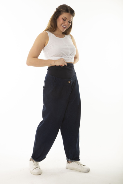 Şans Women's Large Size Navy Blue Viscose Bodice Maternity Jeans with Side Pockets 65N37062
