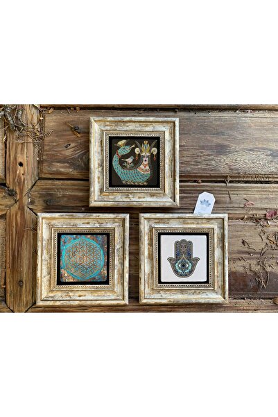 FİNS STONE DECOR Çerçeveli Taş Duvar Dekoru Tablo 3'lü Set 20x20 cm Şahmeran Yaşam Çiçeği Fatma Ana Hediyelik