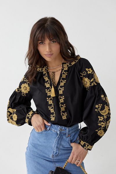 FEMELLE Bluză vintage de damă, neagră, cu broderie cu ciucuri