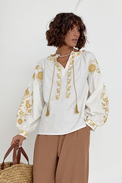 FEMELLE Women's Ecru Tasseled Embroidered Vintage Blouse