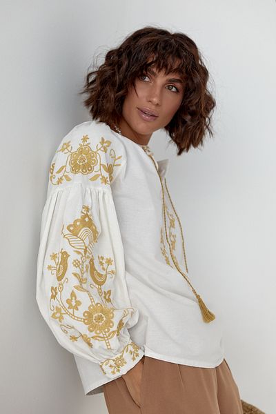 FEMELLE Women's Ecru Tasseled Embroidered Vintage Blouse