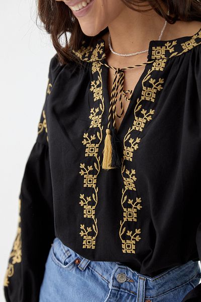 FEMELLE Bluză vintage de damă, neagră, cu broderie cu ciucuri