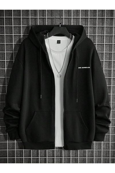 Josette Los Angeles Minimal Lettering Sweatshirt Zippered Cardigan - Black Printed Oversize Pocket Winter Hoodie