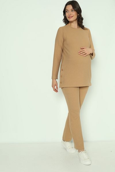 Miss Dünya Lissa Milk Brown Side Buttoned Maternity and Maternity Tracksuit Set