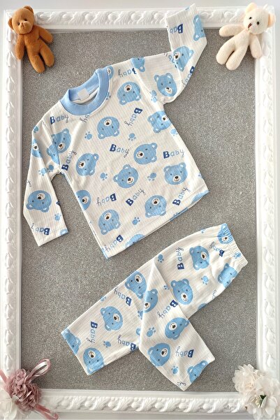 dubi baby MAVİ ayıcık desenli raporlu 2'li bebe pijama takımı