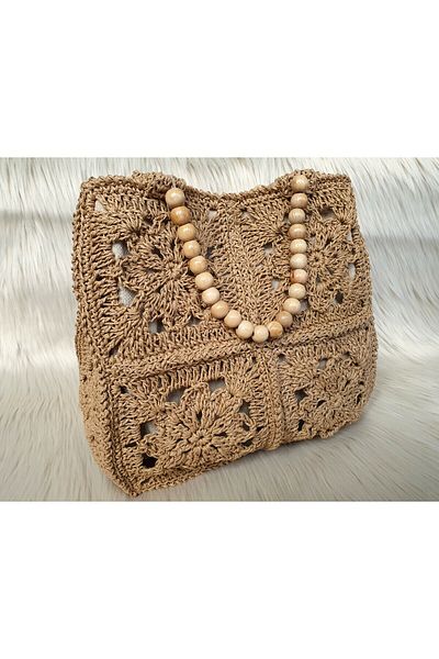 crafttatelier BEIGE COLOR ETHNIC PATTERNED WOODEN BEADS STRAP HAND KNITTED PAPER ROPE BAG