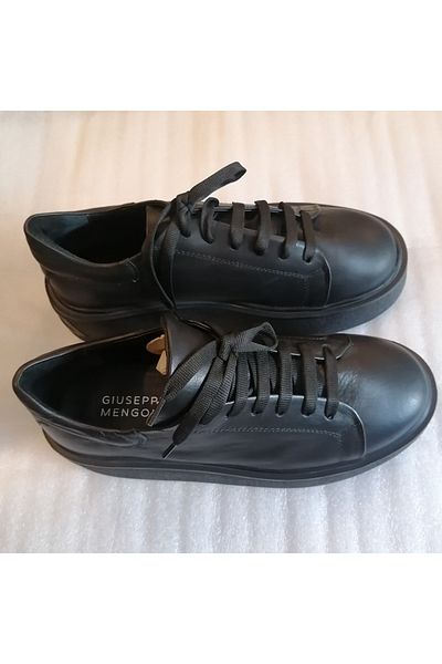 Giuseppe Mengoni Women's genuine cowhide black thick heavy flat non-slip polyurethane sole lace-up sneakers