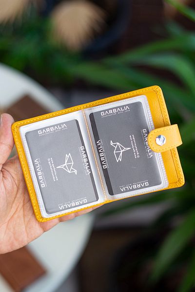 Garbalia Πορτοφόλι Beijing Genuine Leather Unisex Mustard Yellow Cardholder με πολλές θήκες για κάρτες και εξωτερικό πακετάκι