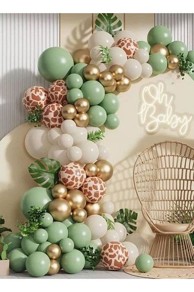 MERİ PARTİ Safari Concept Γενέθλια με μπαλόνι και αλυσίδα Eucalyptus Sea Sand Gold Chrome Printed Balloon