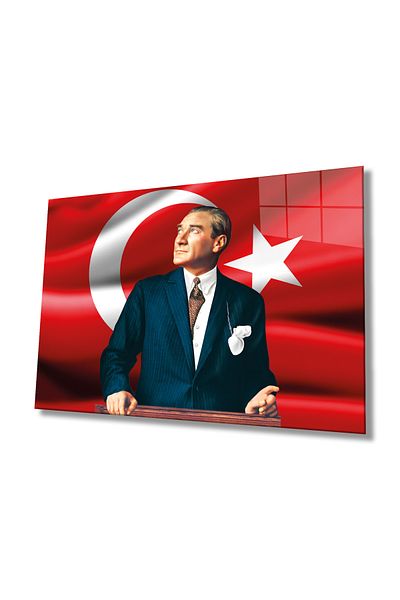 Rosyvien Mustafa Kemal Atatürk Turkish Flag Glass Painting, Home, Office and School Wall Decoration, Gift, Tempered Glass