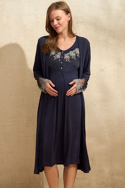 Anıl Half Sleeve Crew Neck Women's Plain Summer Transparent Tulle Detailed Maternity Nightgown Dressing Gown Anil 5777