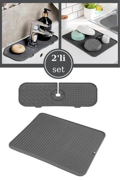 Flosoft 2’li Musluk Lavabo Matı Seti, Büyük Boy Çok Amaçlı Kurutmalık ve Bulaşık Süngeri Matı 2’li Set