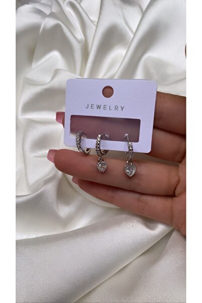 Accessories 3lü Set Kalpli Gümüş Renk Çelik Küpe