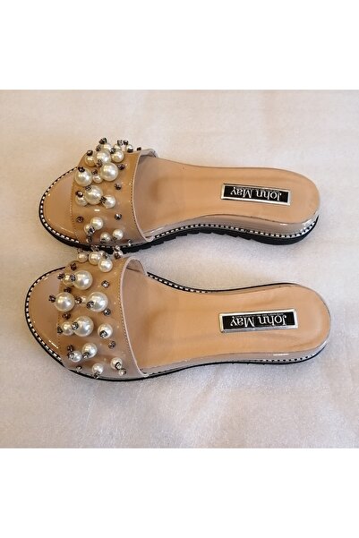 John May Kadın hakiki deri rugan pudra rengi inci boncuklu gümüş parlak taşlı tırtıklı sert poli taban terlik