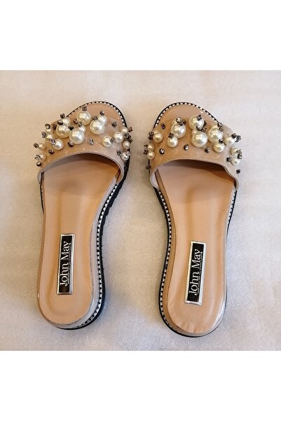 John May Kadın hakiki deri rugan pudra rengi inci boncuklu gümüş parlak taşlı tırtıklı sert poli taban terlik